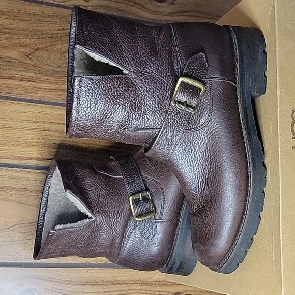 Frye Shoes - Frye Natalie  Leather and shearling Short Engineer Boot charcoal washed brown